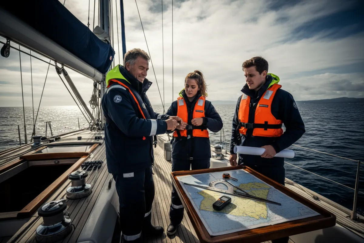 Instructional training session on a yacht deck with instructor and crew practicing safety procedures