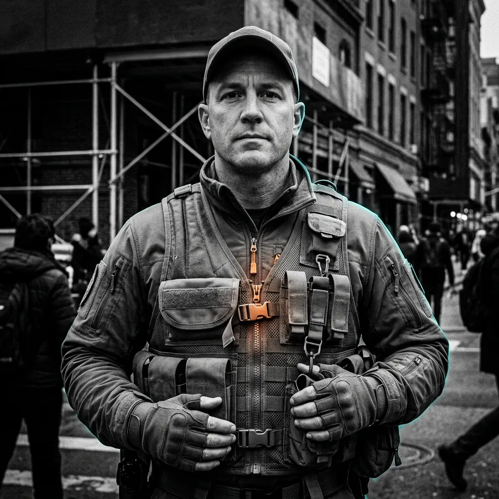 High-contrast black and white street portrait of customer wearing tactical utility gear in New York