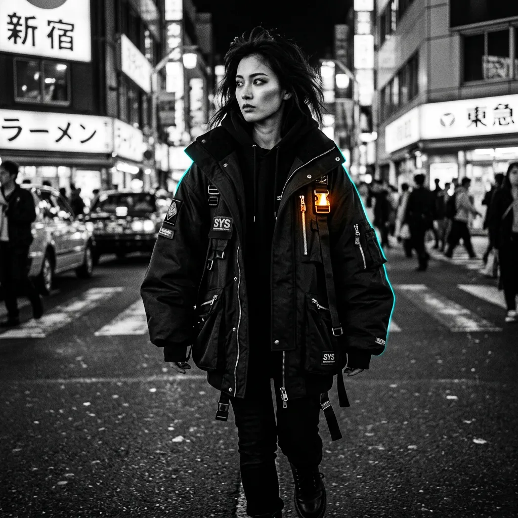 High-contrast black and white street portrait of customer wearing oversized outerwear in Tokyo