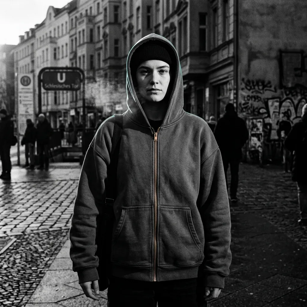 High-contrast black and white street portrait of customer wearing heavy boxy hoodie in Berlin