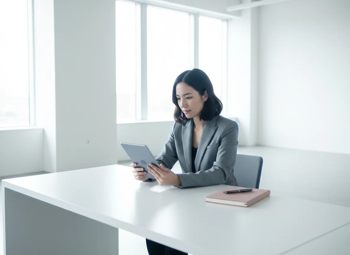Professional reviewing a project on a digital tablet in a bright office
