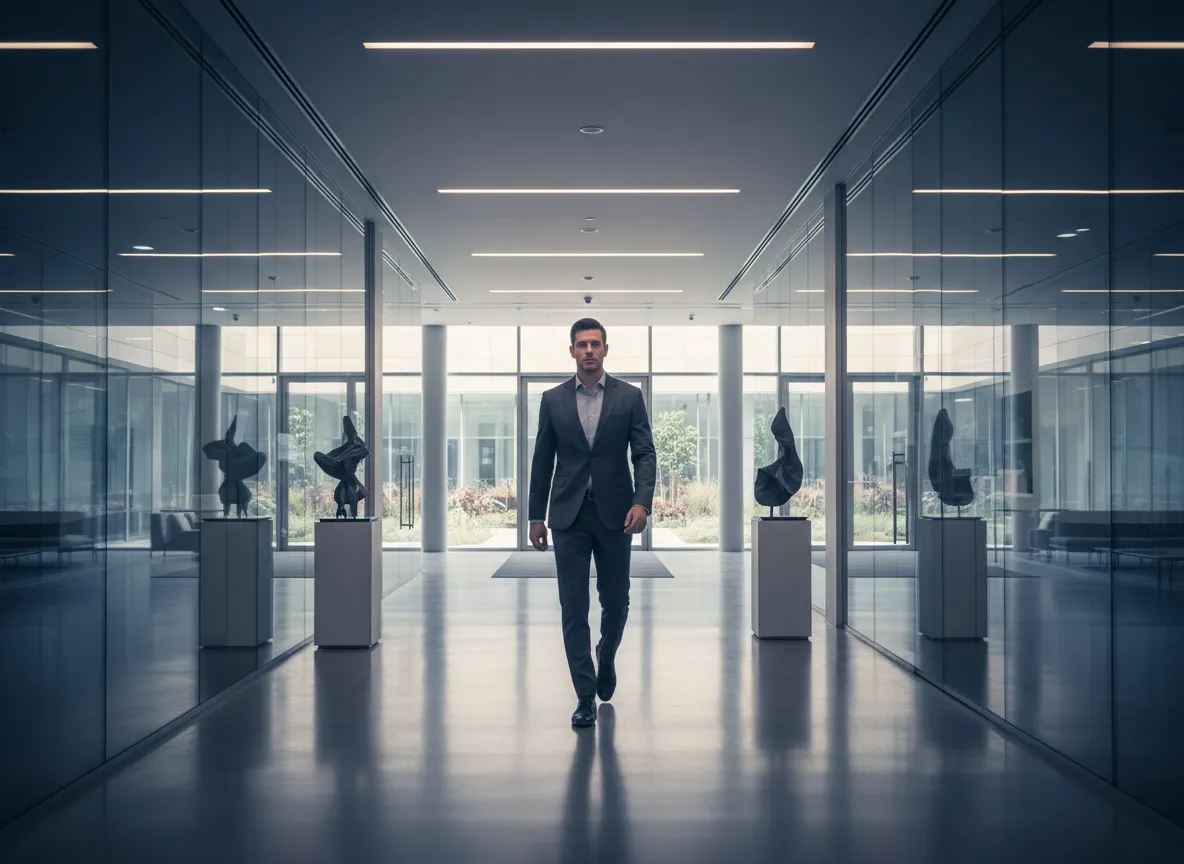 A professional walking confidently through an open corporate hall
