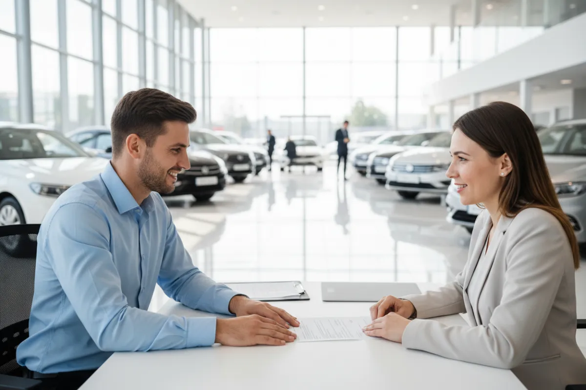 A dealership sales consultant in a crisp blue shirt sits at a modern desk, smiling as they review a contract with a customer. The background shows a bright, open dealership with cars and natural light, conveying trust and professionalism. The image is candid and welcoming, with a focus on customer service.