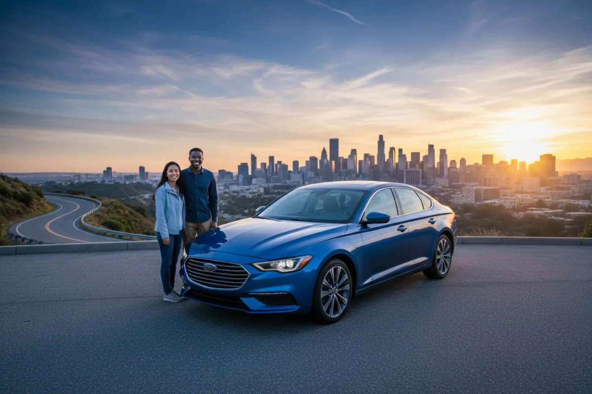 A sleek, late-model sedan parked on a scenic overlook at sunrise, with a diverse couple smiling beside the car. The background features a winding road and distant city skyline, evoking a sense of adventure and security.