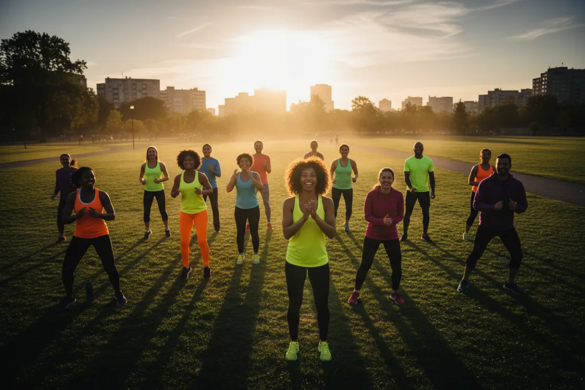 Clase grupal al aire libre con vecinos ejercitándose en un parque urbano al amanecer.