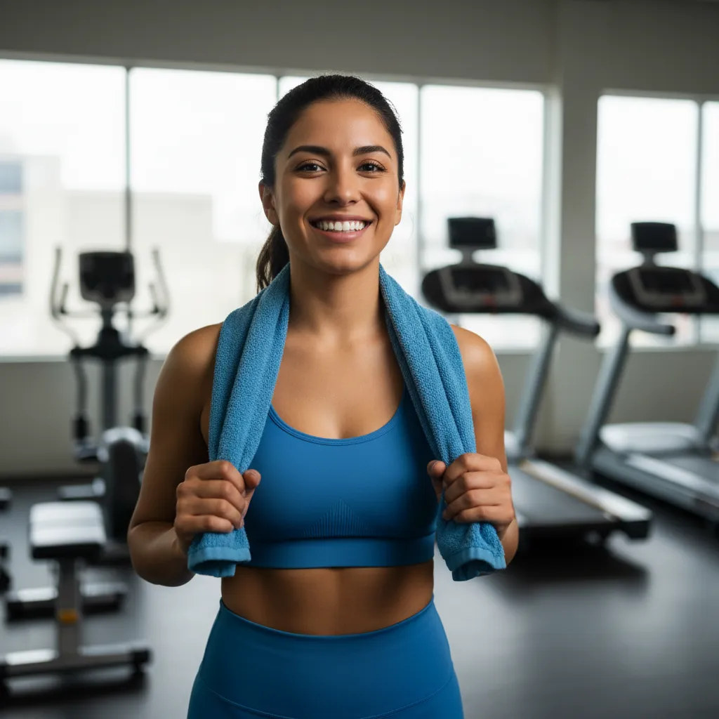 Mujer sonriendo en un gimnasio luminoso, sosteniendo una toalla, transmitiendo logro y energía.