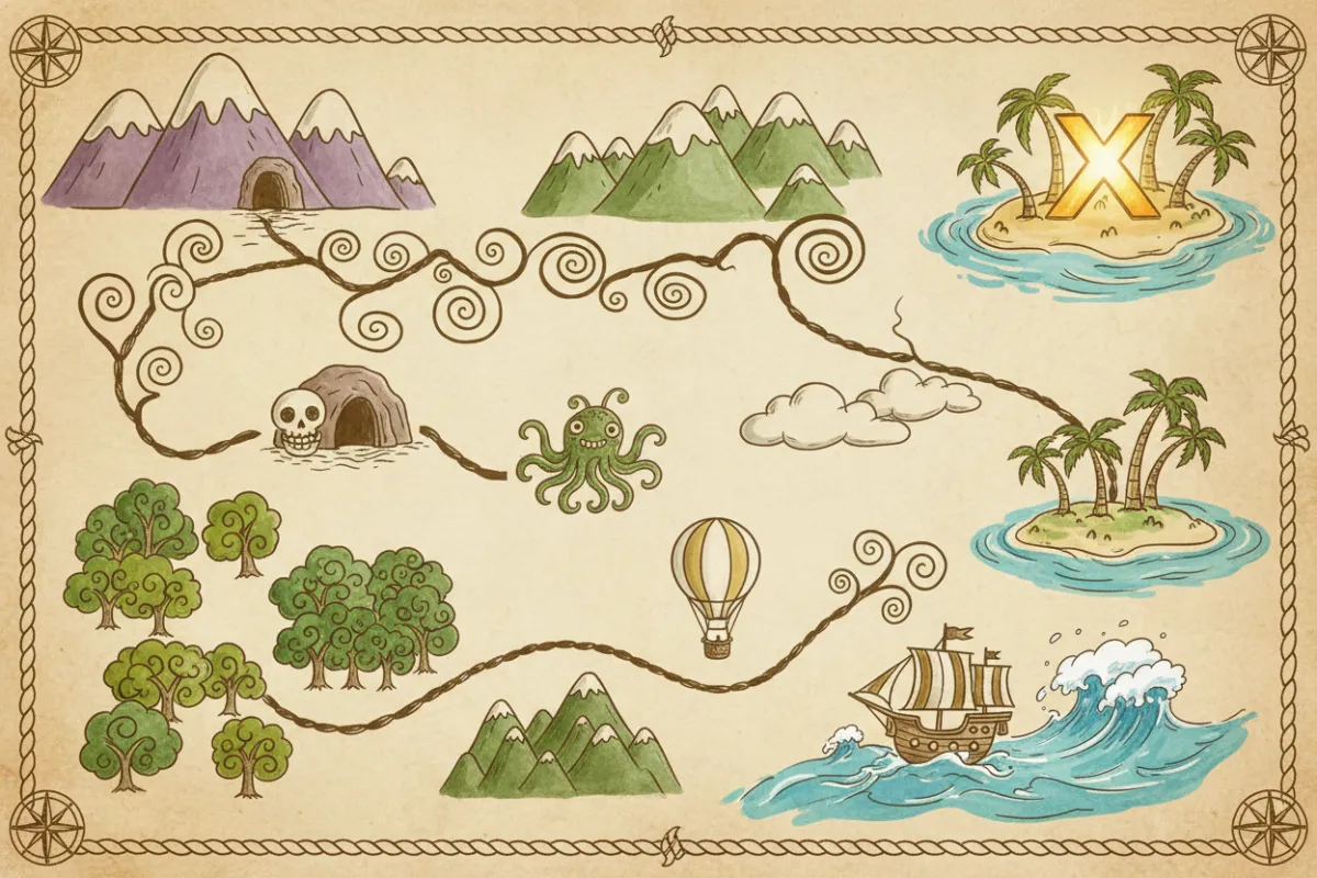 A hand-drawn style illustration of a treasure map winding through mountains, forests, and oceans, with whimsical icons marking adventure spots and a golden X at a distant island. The map is vibrant, playful, and evokes curiosity, symbolizing the journey and surprises awaiting club members.