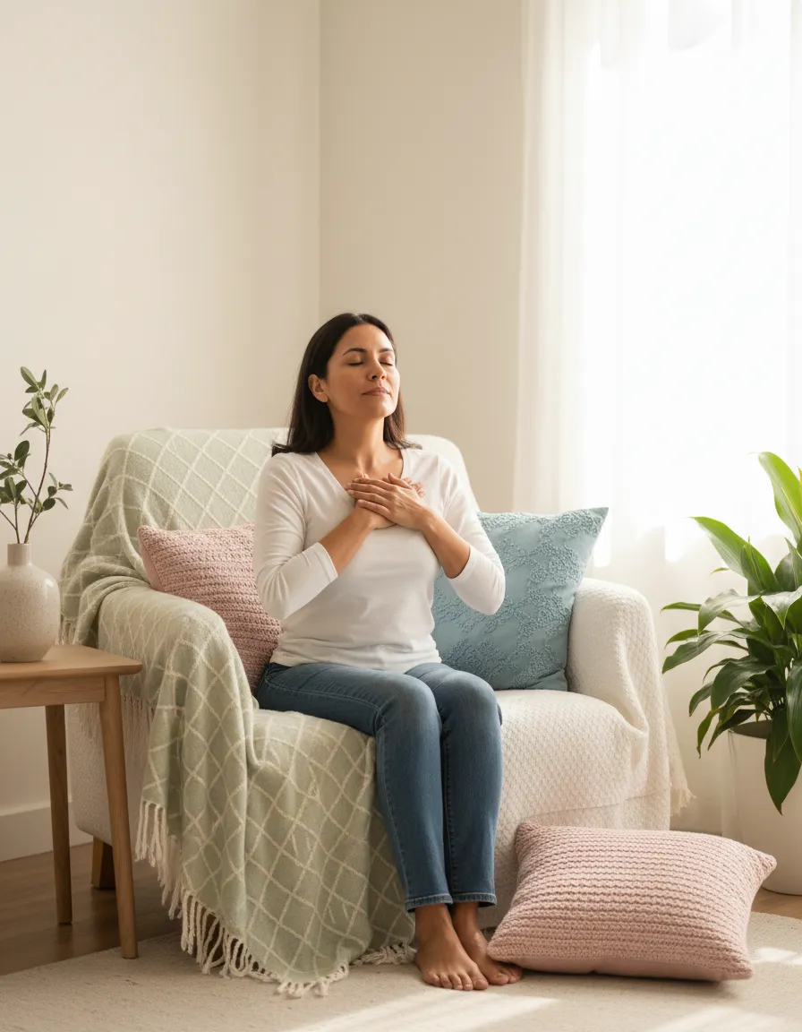 Mujer en calma tomando una pausa consciente