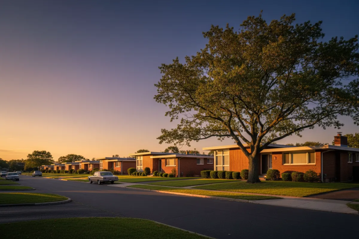 Residential Long Island street with mid-century homes at golden hour.