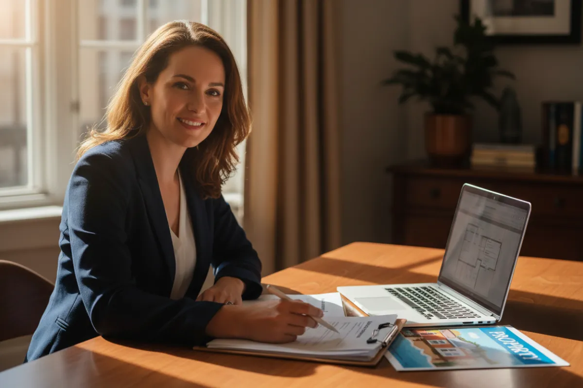 Long Island mortgage agent reviewing documents with a client at a desk