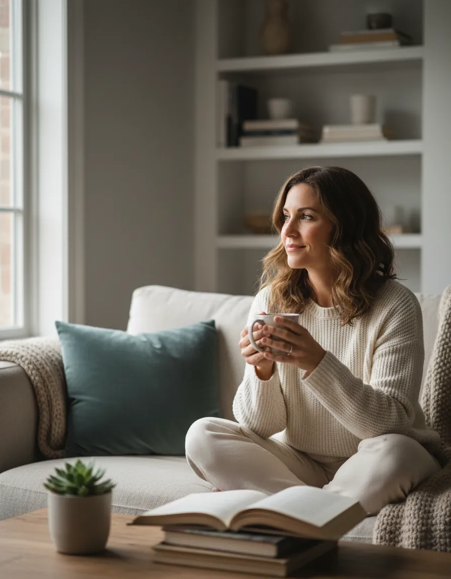 Woman sitting on couch holding a cup