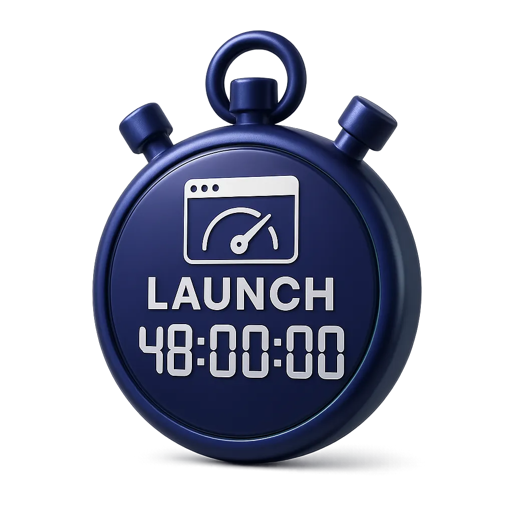 Aesthetic 3D graphic cutout representing high-speed digital launch and 48-hour website reveal countdown