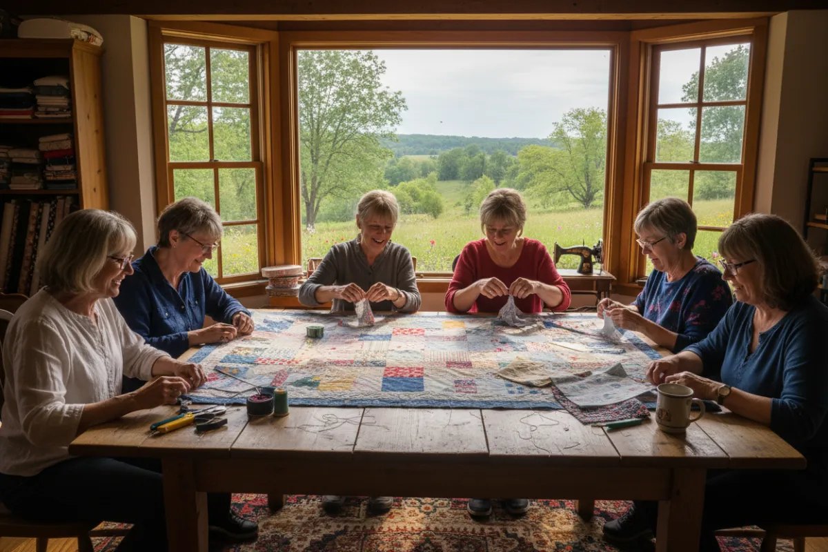 A group of women aged 40-75, gathered around a large wooden table, quilting together in a sunlit room with large windows overlooking a lush green landscape. The women are smiling, focused on their craft, and surrounded by colorful fabrics and sewing tools. The atmosphere is warm, inviting, and creative.