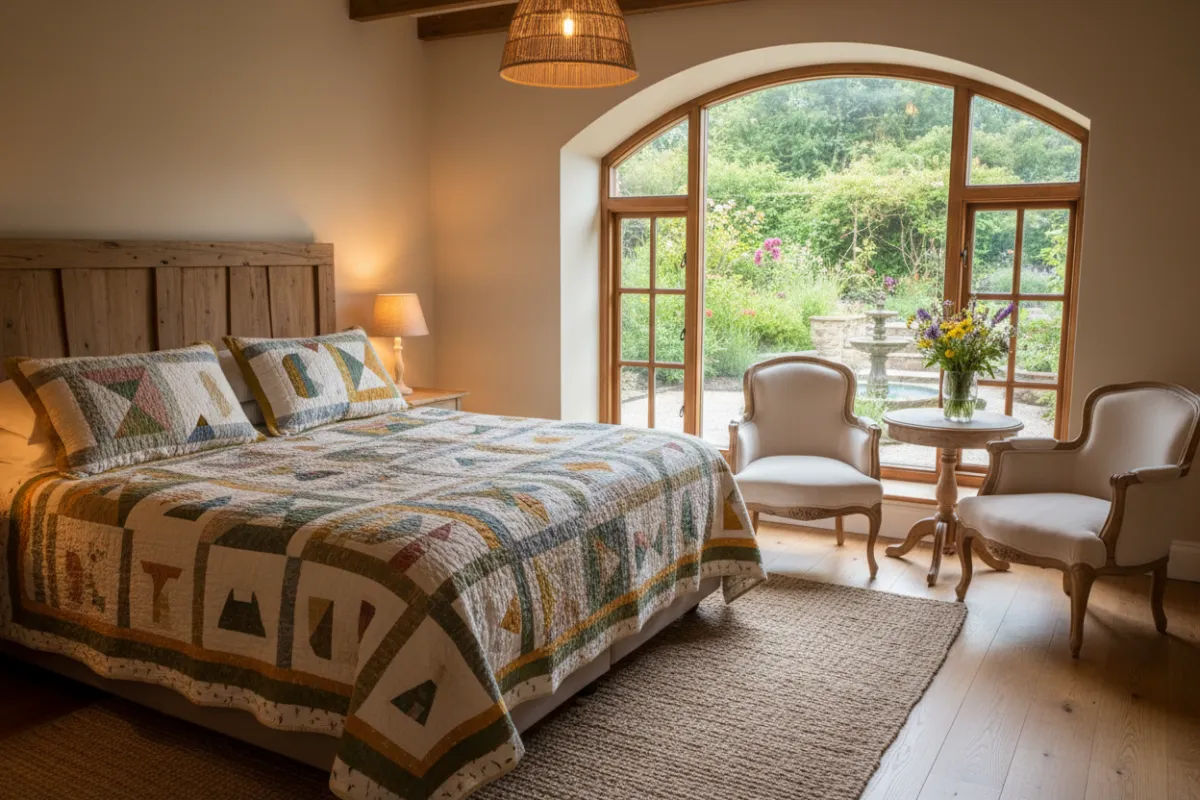 A cozy, boutique-style bedroom with a handmade quilt on the bed, soft lighting, and a view of a tranquil garden through a window. The room features natural wood accents, plush armchairs, and a small table with a vase of wildflowers, evoking comfort and inspiration.