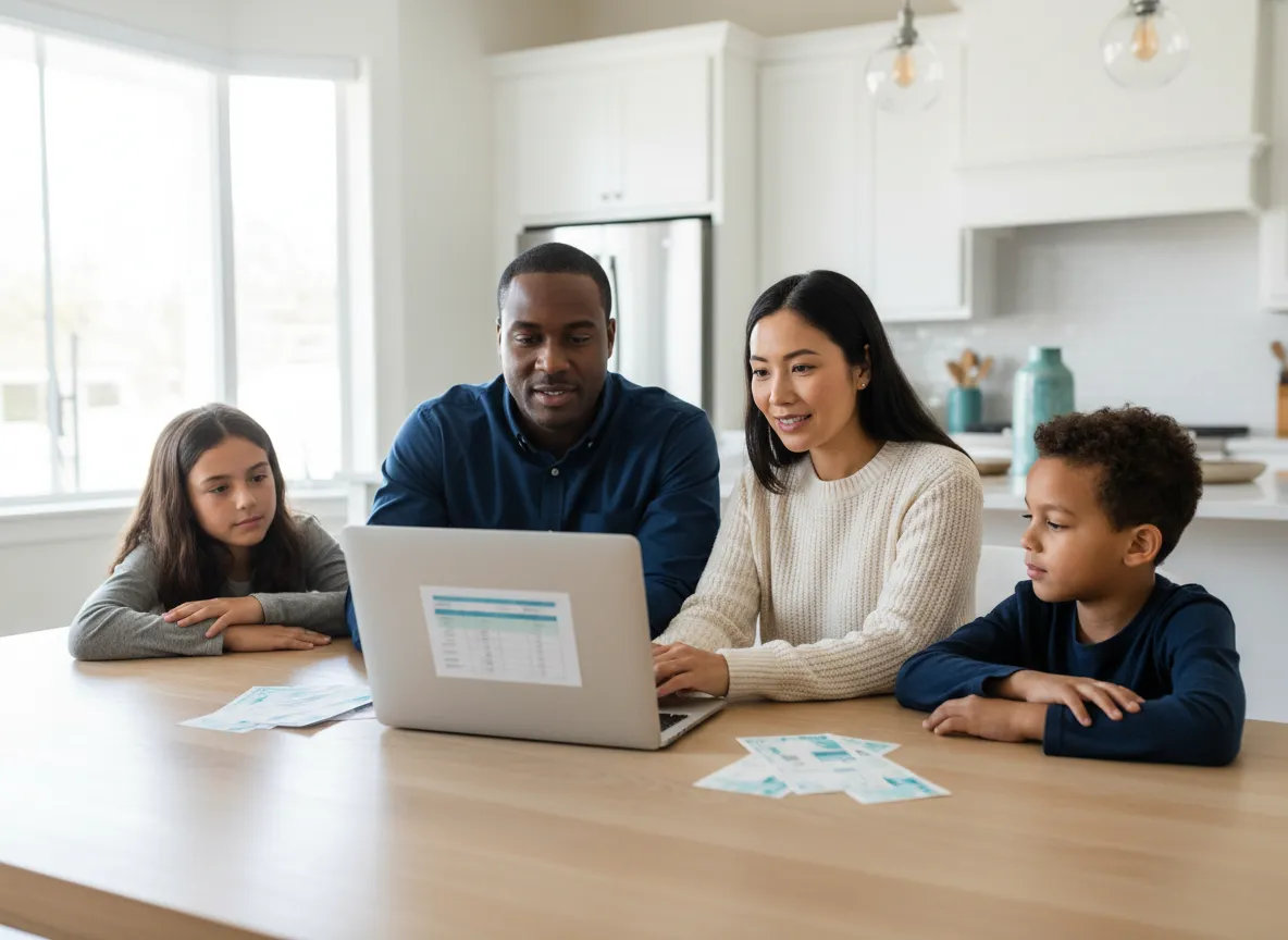 Family reviewing healthcare costs at kitchen table with a laptop, looking hopeful