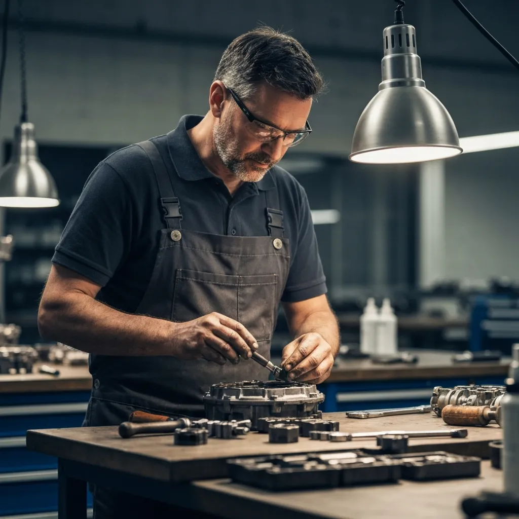 A mechanic working diligently on engine parts or machinery on a workbench under a hanging lamp in a dimly lit workshop setting.
