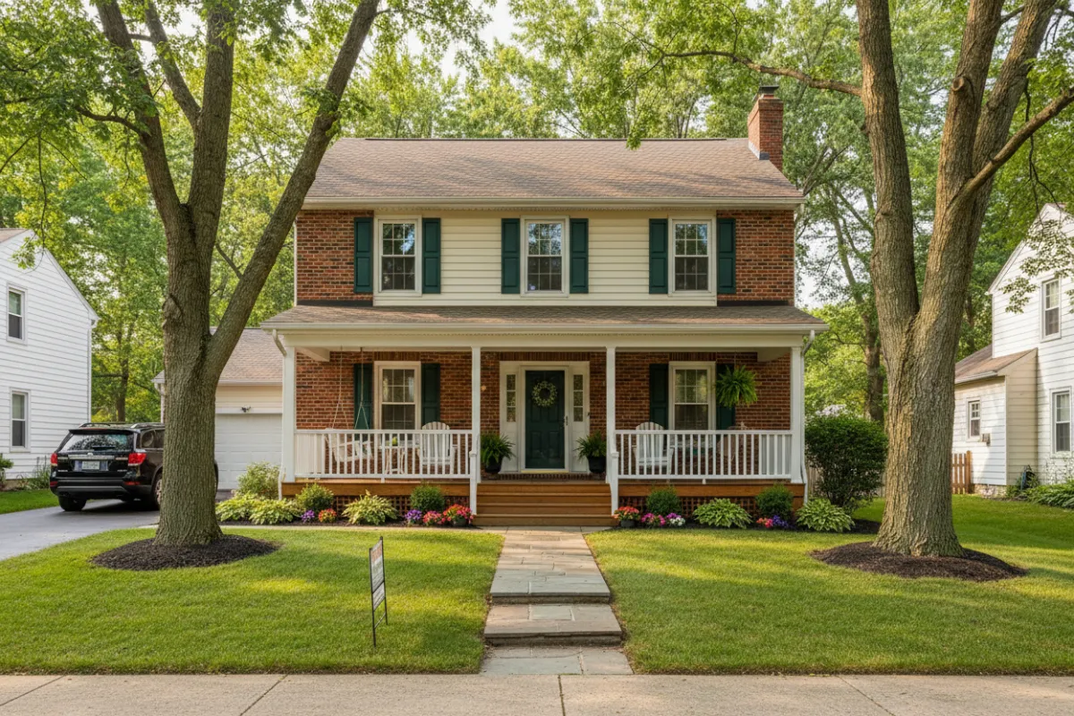 A well-kept Ohio home with a welcoming front porch, mature trees, and a tidy lawn, photographed on a sunny afternoon in a suburban Trumbull County neighborhood. The image conveys comfort, security, and readiness for a quick sale.