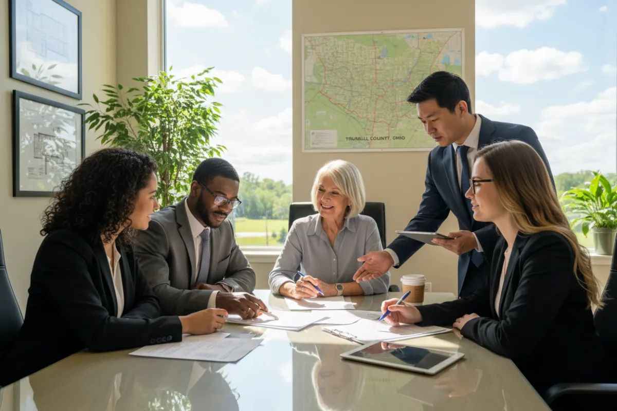 A diverse team of real estate professionals sitting at a desk with a smiling homeowner in a bright office in Trumbull County, Ohio. The group is reviewing documents, showing attentive service and local expertise.