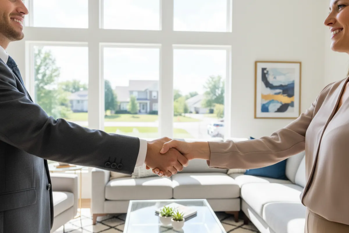A close-up of two people shaking hands in a bright, modern living room in Mahoning County, Ohio. The room features contemporary furniture and large windows, symbolizing trust and a successful home sale agreement.