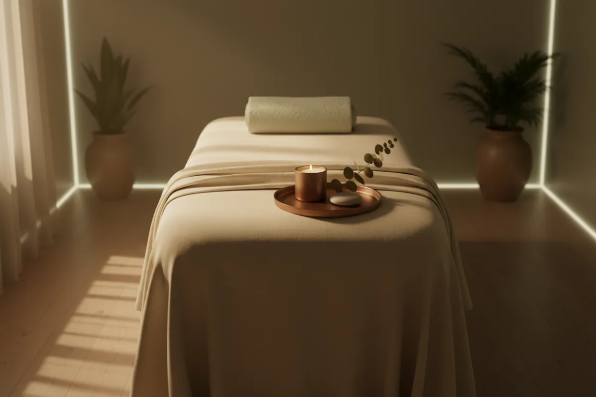 A serene, solitary wellness setup in a warmly lit treatment room