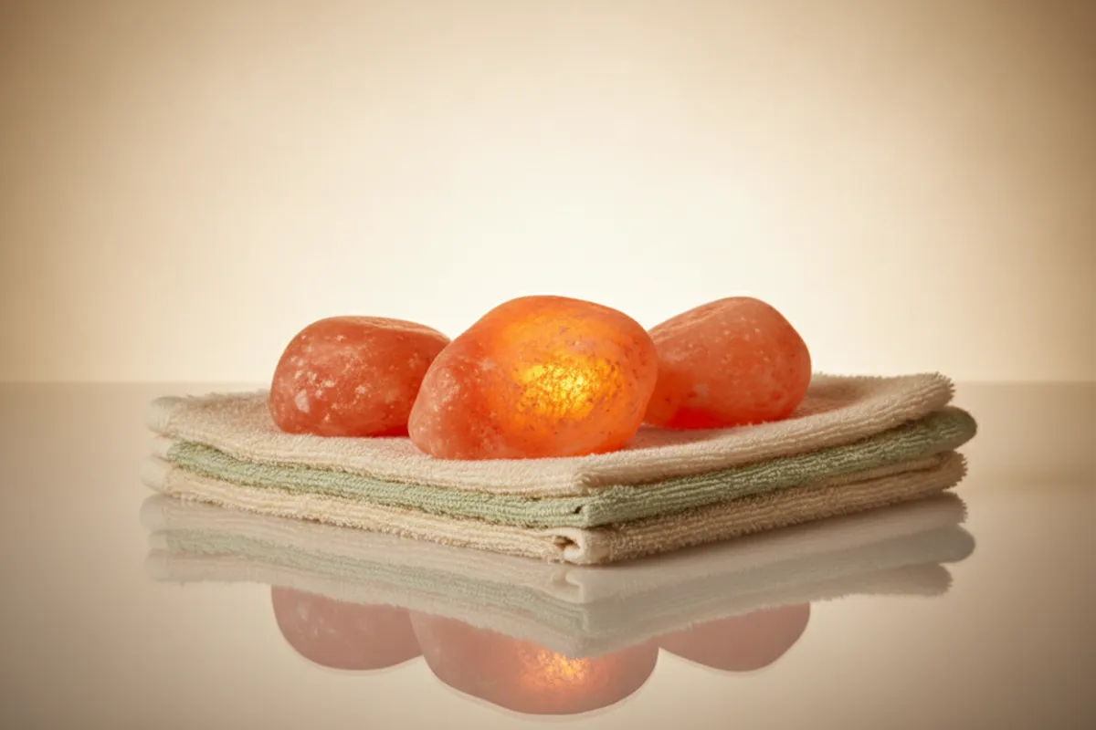 Warm Himalayan salt stones resting on a soft towel