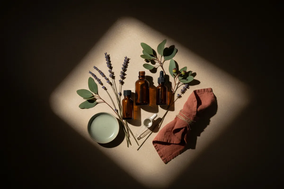 Aromatherapy oils and botanical elements arranged elegantly
