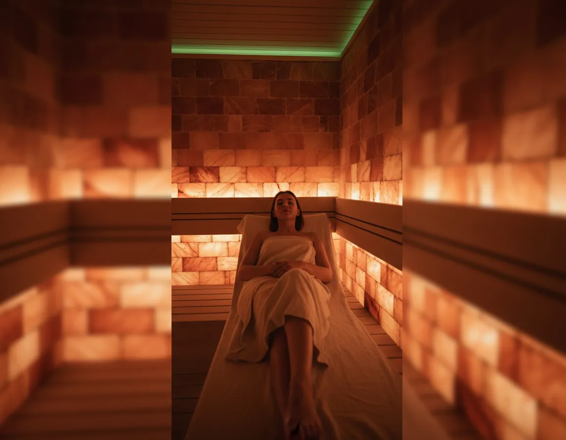 A guest relaxing in the mineral-rich atmosphere of a warm Himalayan salt sauna