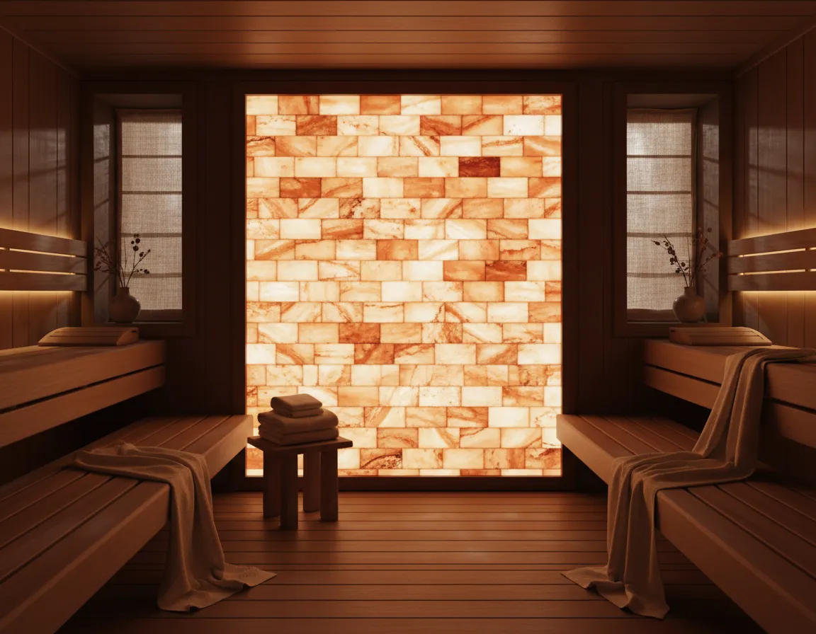 Himalayan salt sauna interior glowing with warm terracotta tones