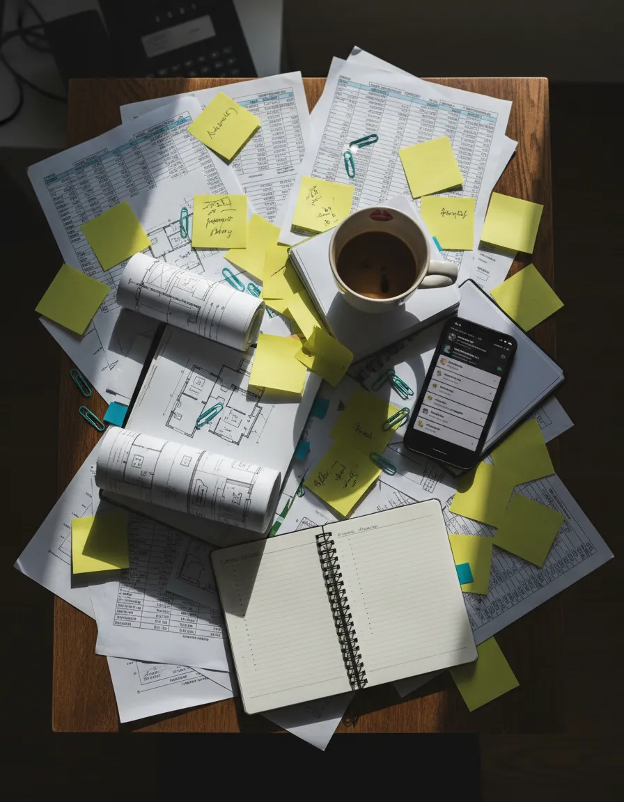 Overloaded desk with sticky notes and spreadsheets