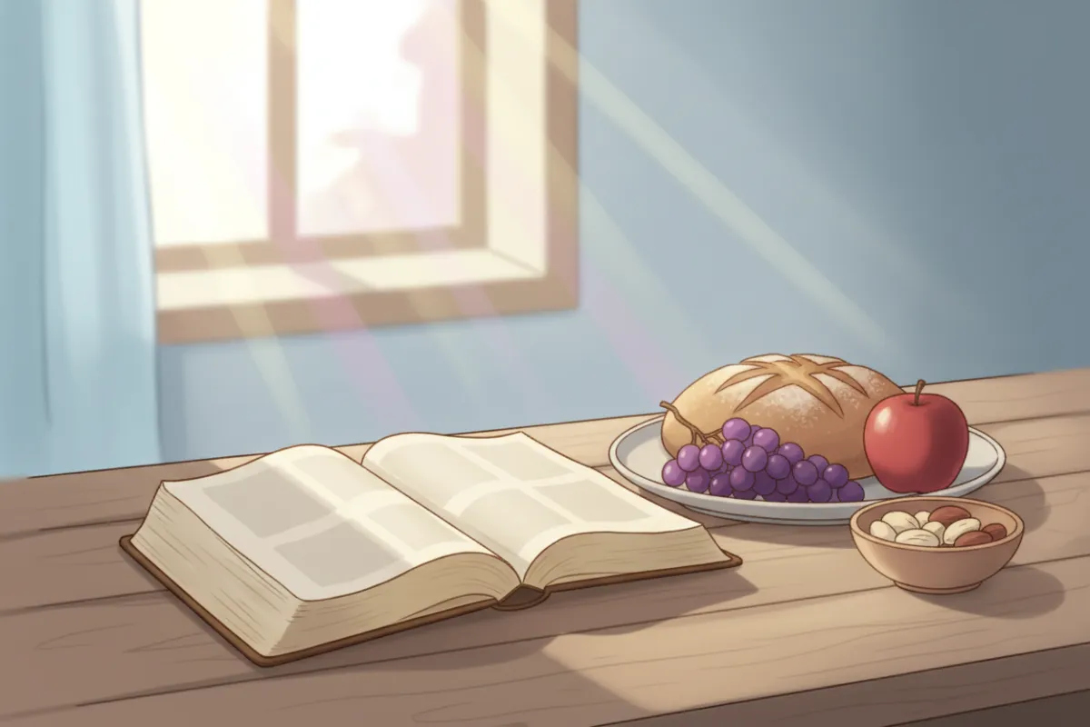 Illustration of an open Bible beside a simple plate with whole-food staples, reflecting a faith-rooted, simple eating plan.