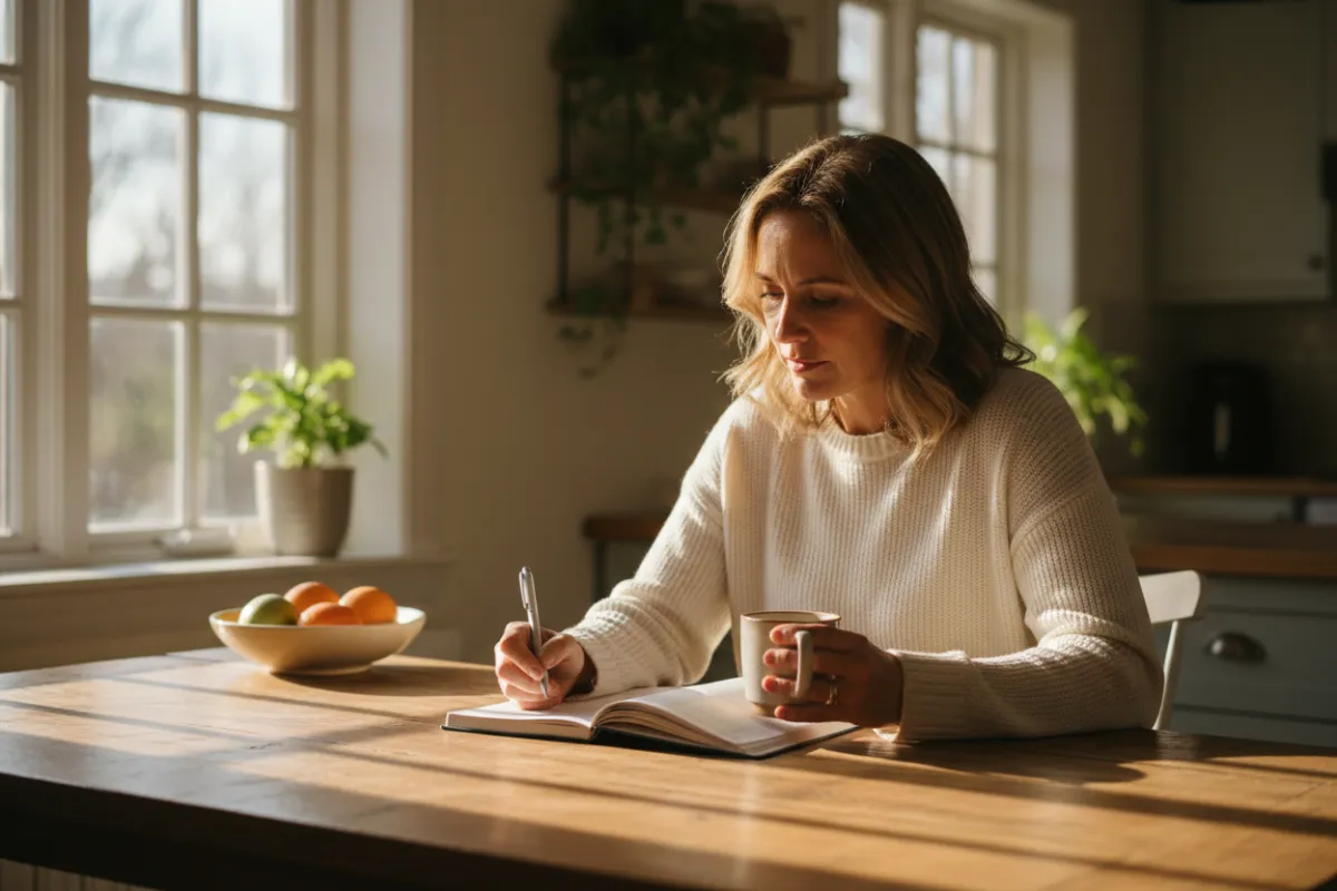Midlife woman thoughtfully reviewing a wellness journal at a kitchen table in warm natural morning light.