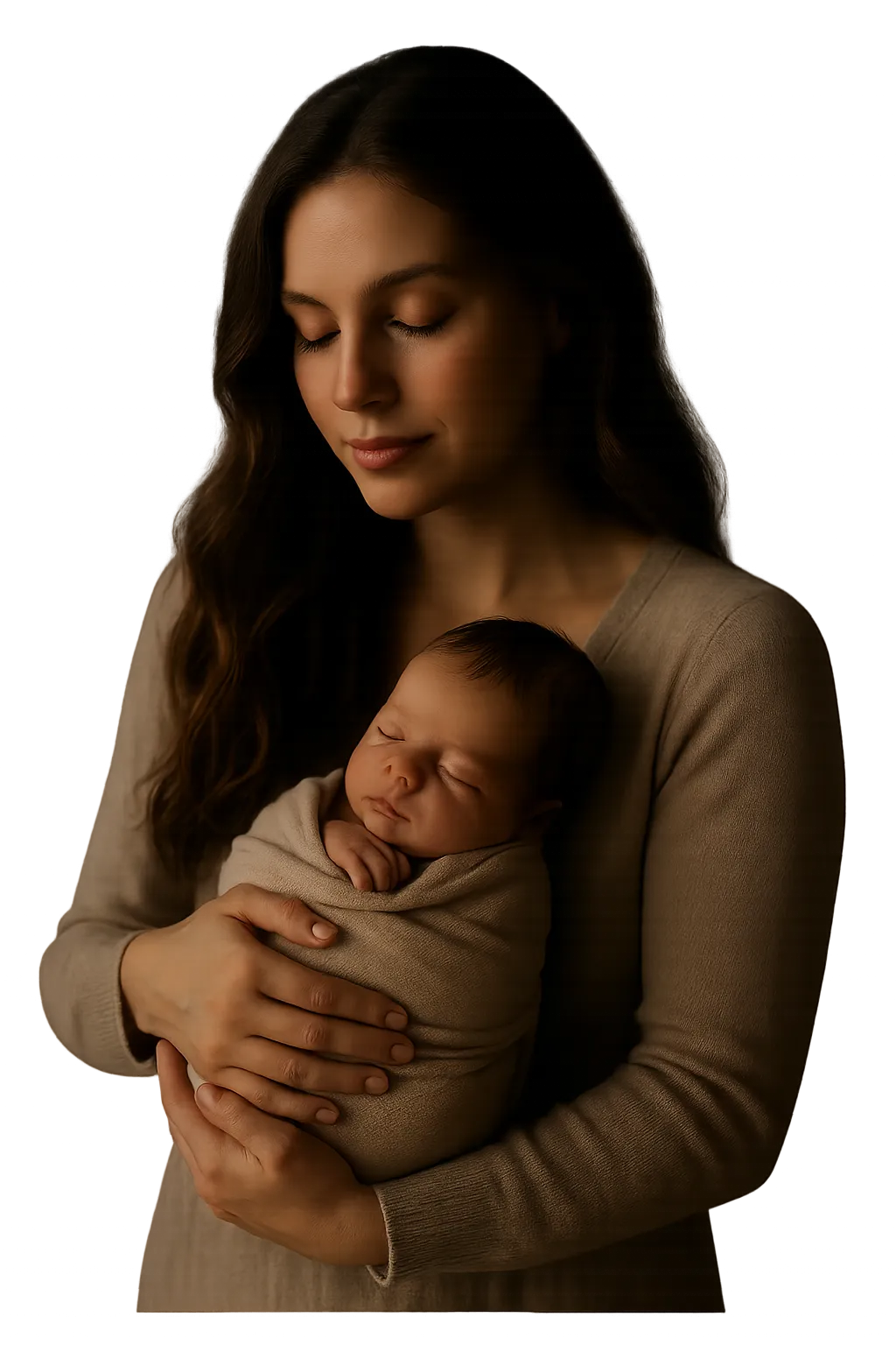 Calm lifestyle portrait of a mother holding her newborn baby in soft, natural morning light