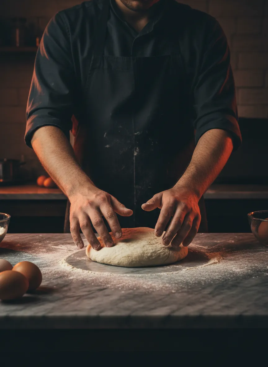 Eier og pizzabaker som elter deig for hånd med lidenskap