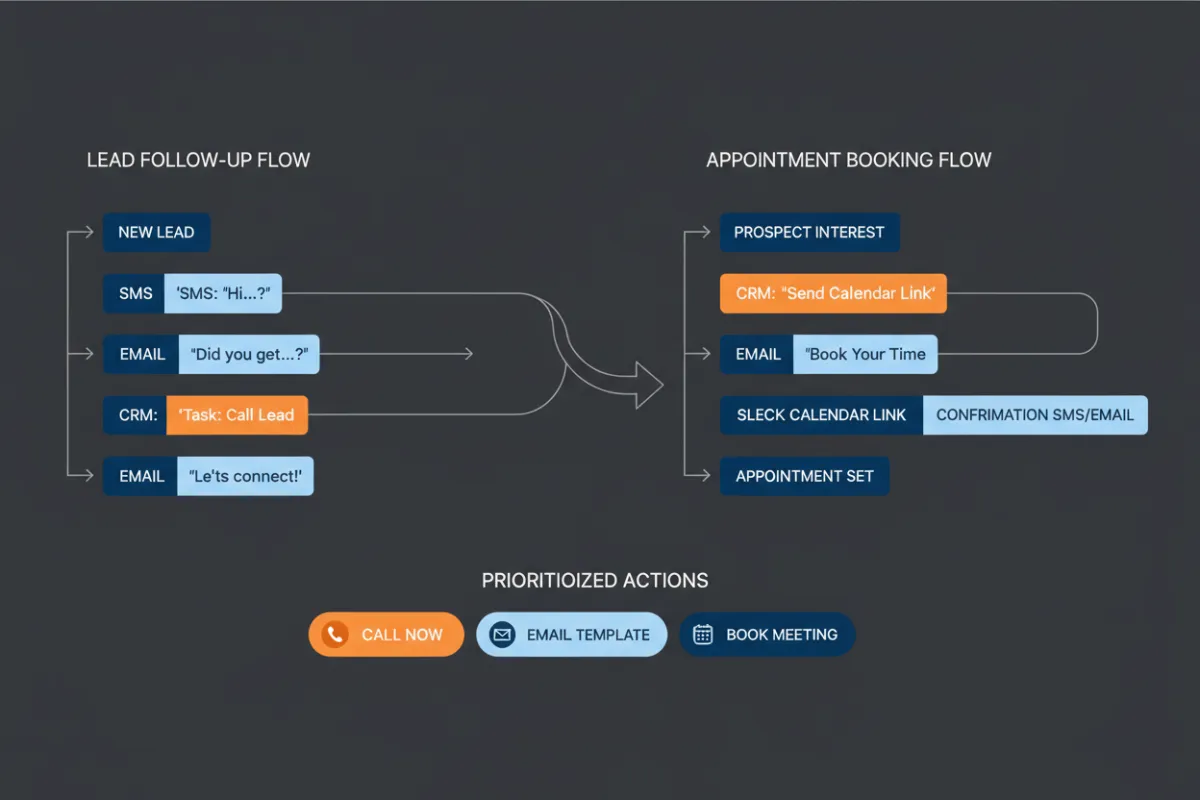 Lead follow-up mockup showing messaging, CRM entry, and appointment flow