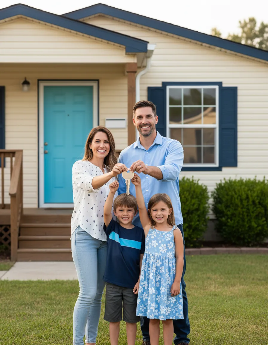 Happy family standing in front of their new pre-owned manufactured home