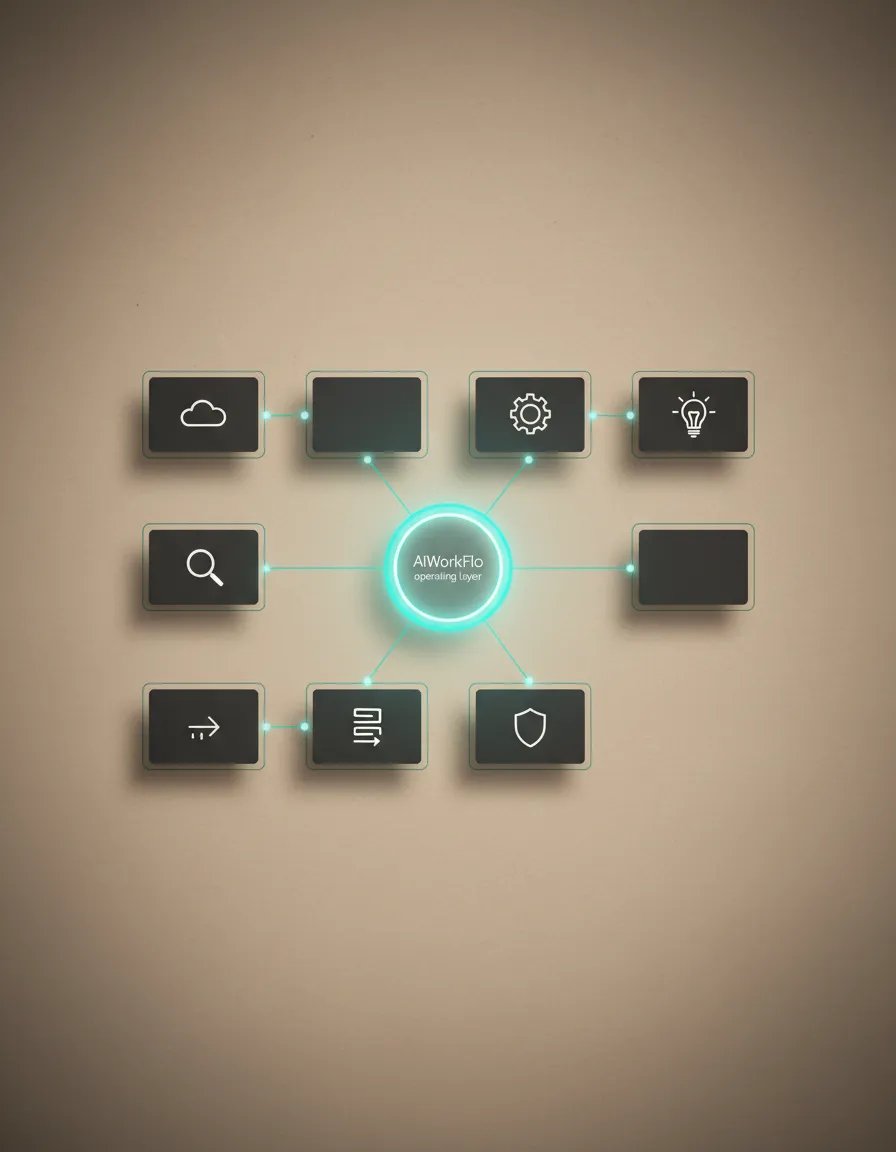 Connected System Node Grid with clean cards connecting to a central Teal node representing the AiWorkFlo operating layer
