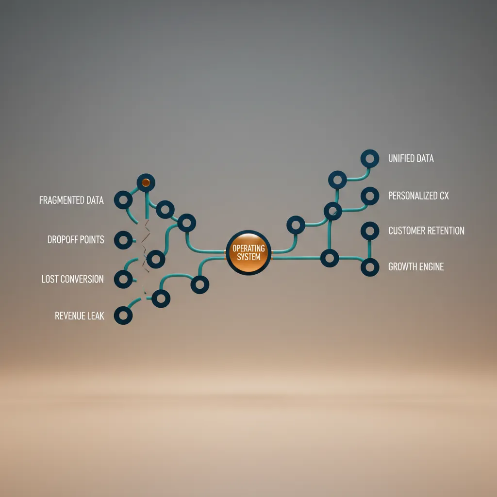 AiWorkFlo connected journey system diagram contrasting the revenue leak loop with the structured growth path