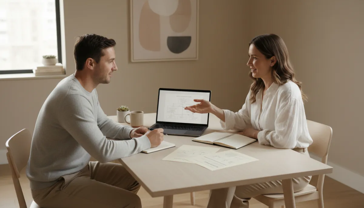 Coaching session with a consultant guiding a client through a program strategy on a laptop