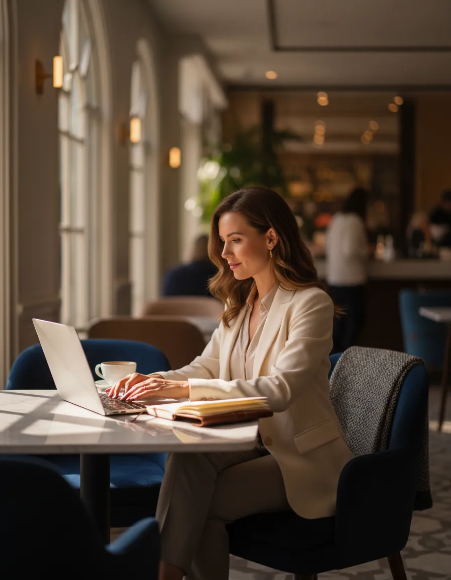 A sophisticated independent business owner enjoying time flexibility working remotely in a luxury setting