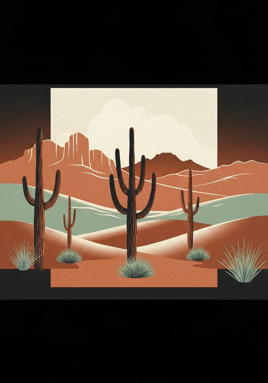 Elegant digital illustration of the Sonoran desert in copper and sage tones