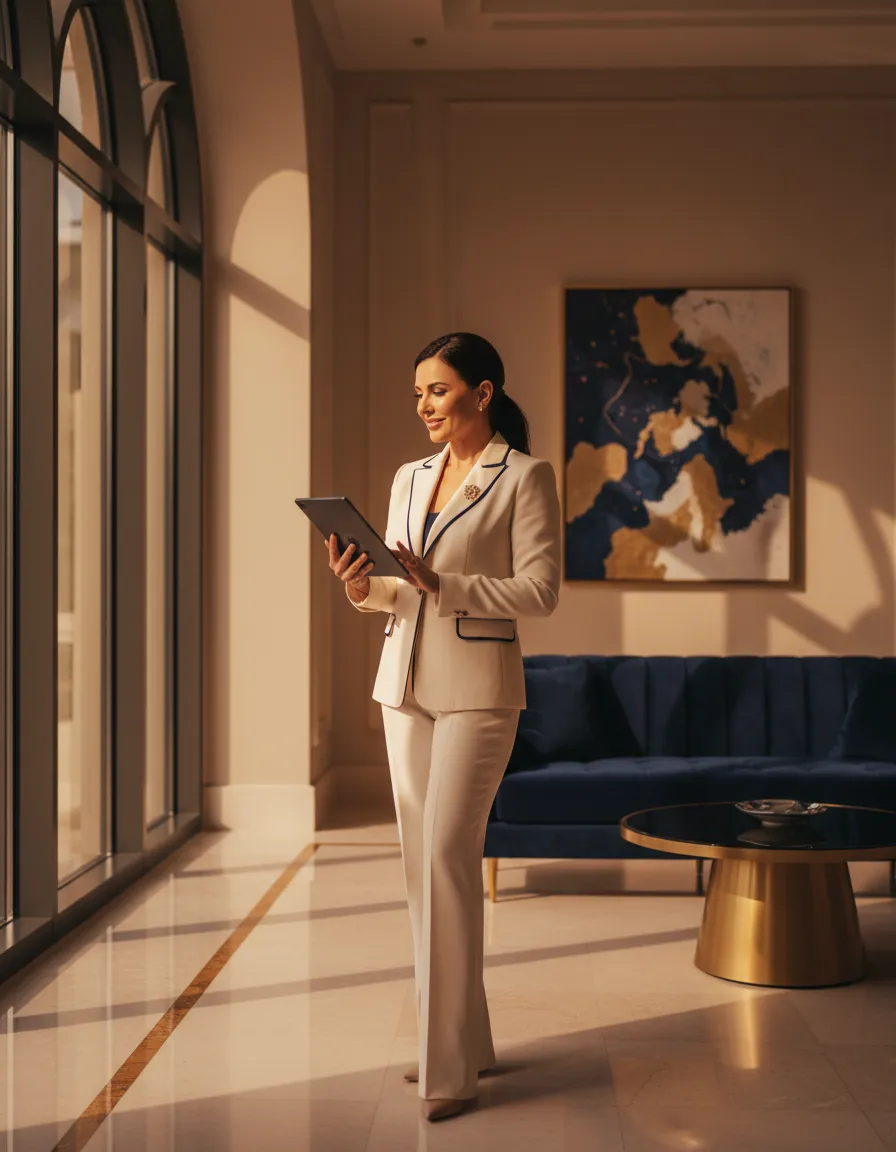 A professional wellness center owner reviewing revenue metrics on a tablet