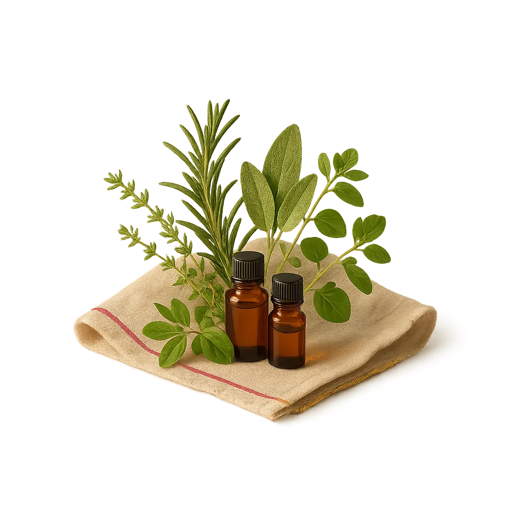 Warm botanical ingredients, herbs and oils