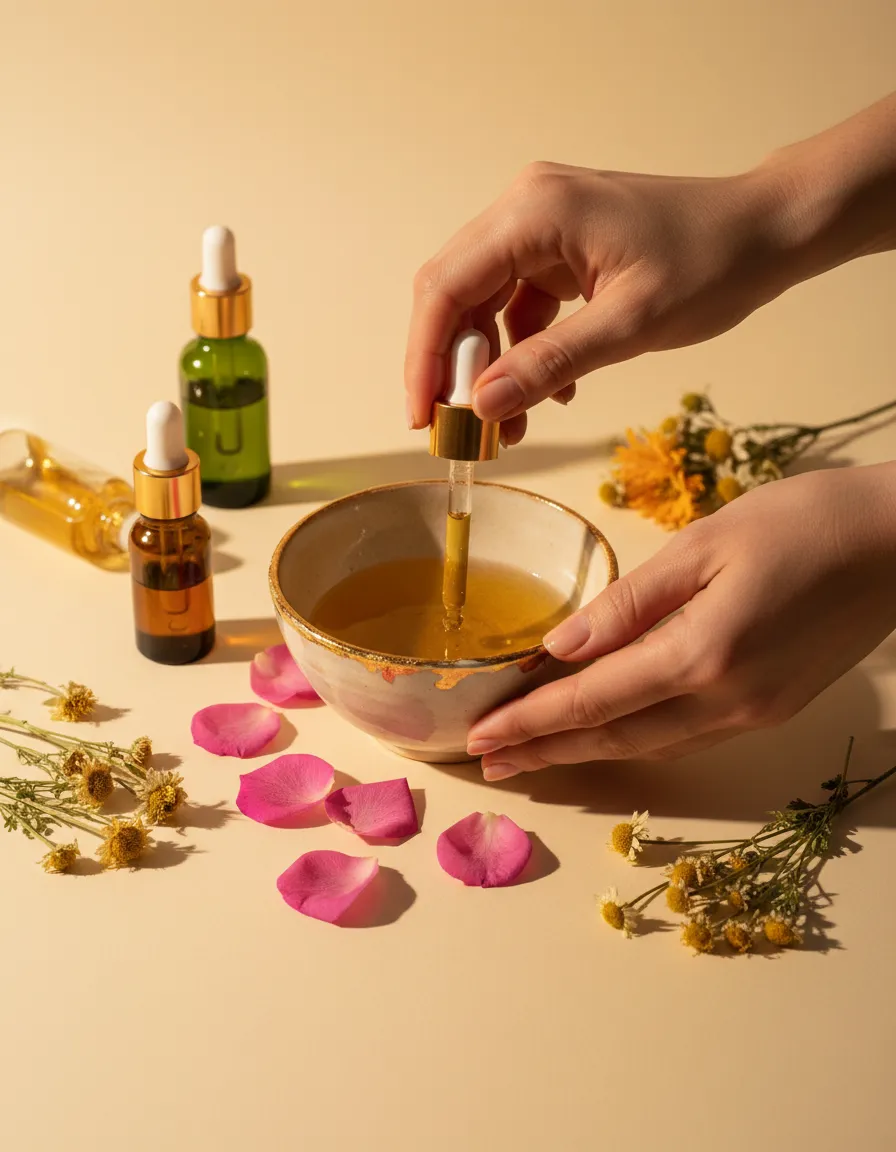 Warm tactile photography of botanical ingredients and skilled hands shaping personalized skin care