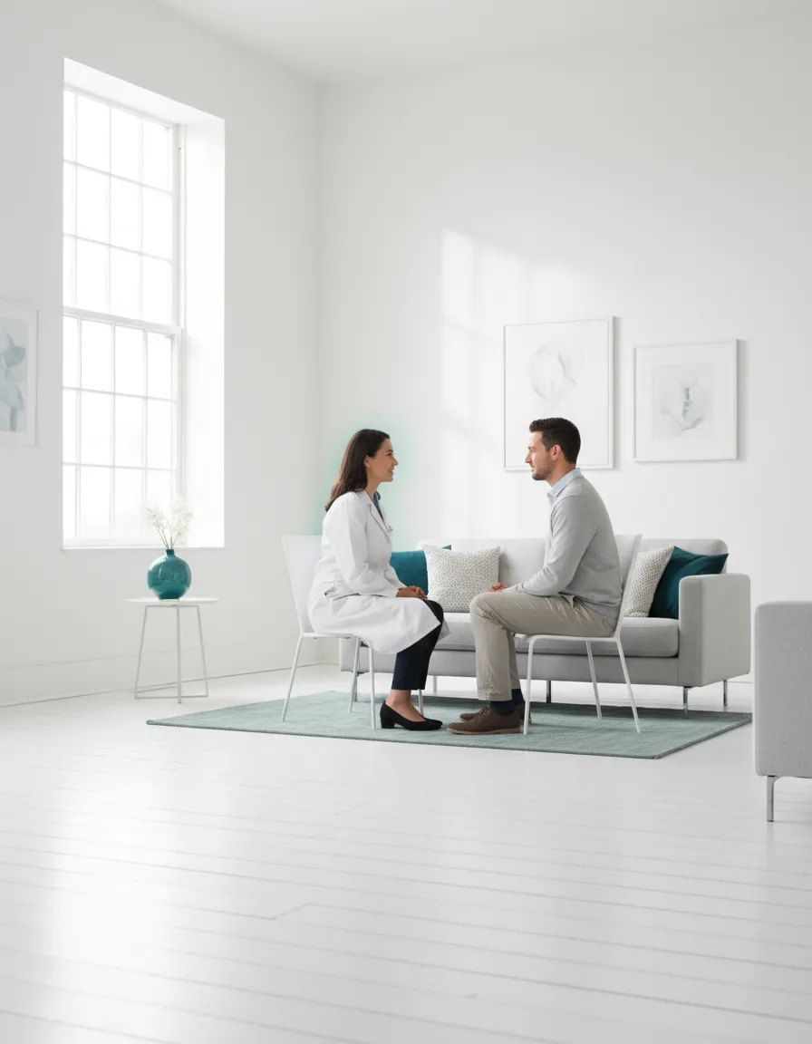 Supportive clinician and patient in a well-lit room
