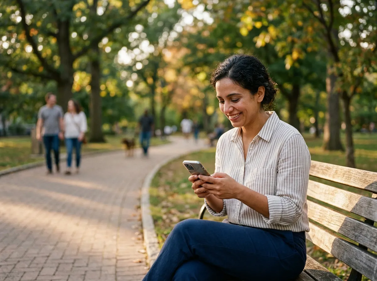 Person reading an encouraging message on their phone outdoors in warm light