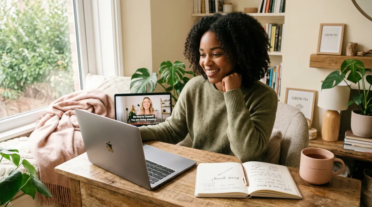 Person watching an encouraging video on a laptop with a notebook nearby