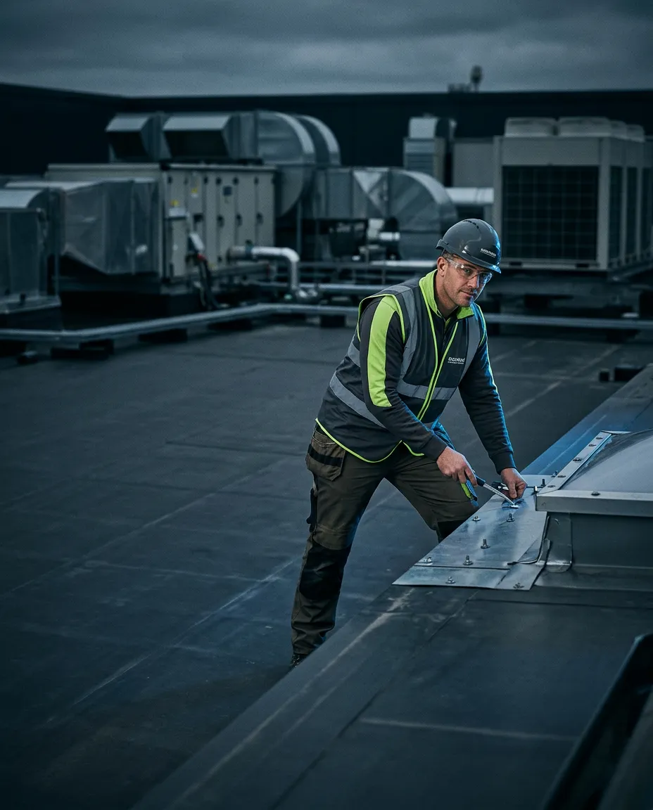 Professional roofing contractor inspecting a commercial roof structure
