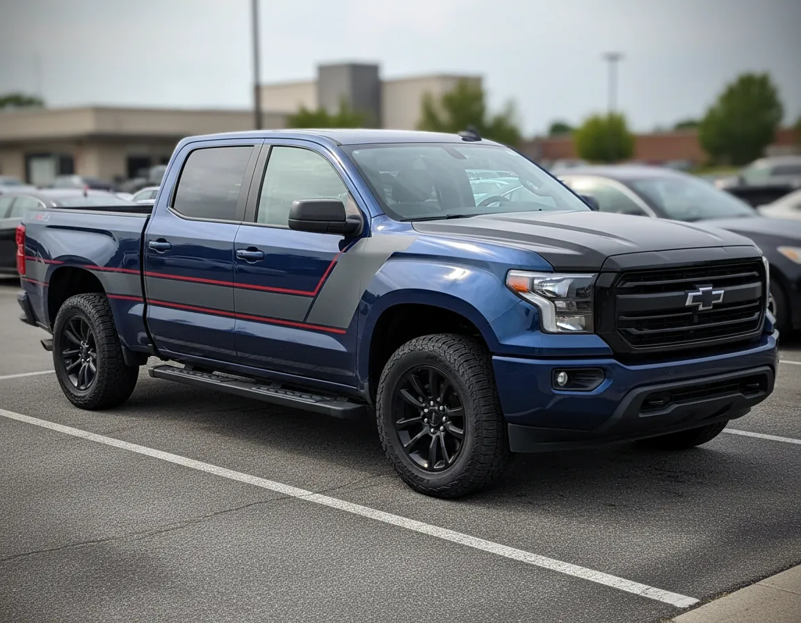Pickup truck with matte black partial wrap and stripes