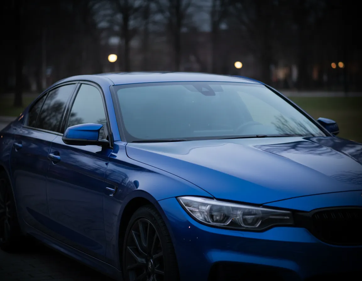 Glossy blue sedan with full color change wrap
