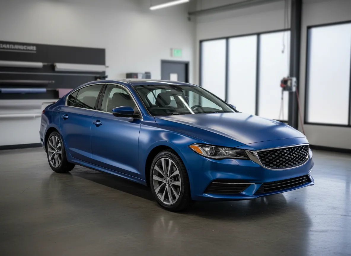 Car with glossy vinyl wrap parked in sunlight